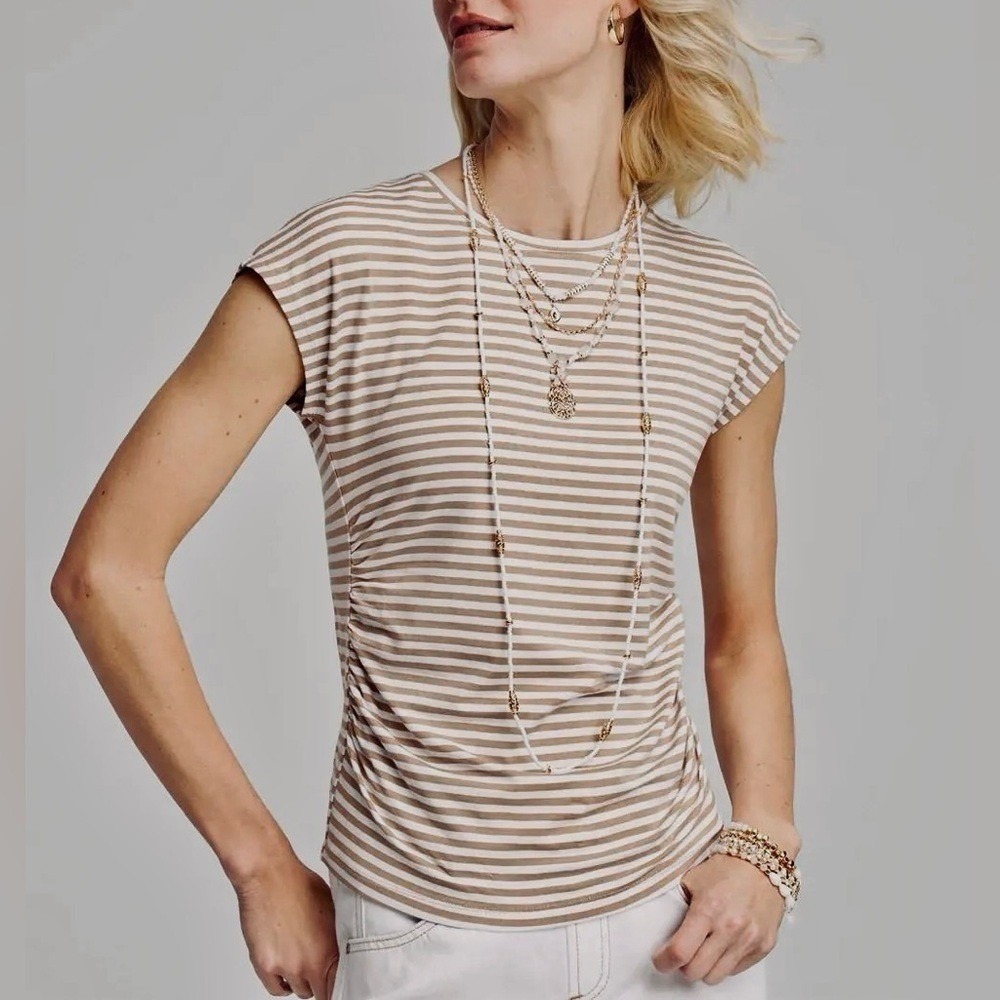 Chico's Brown/White Neutral Striped Cap Sleeve Dolman Tee Shirt NWT